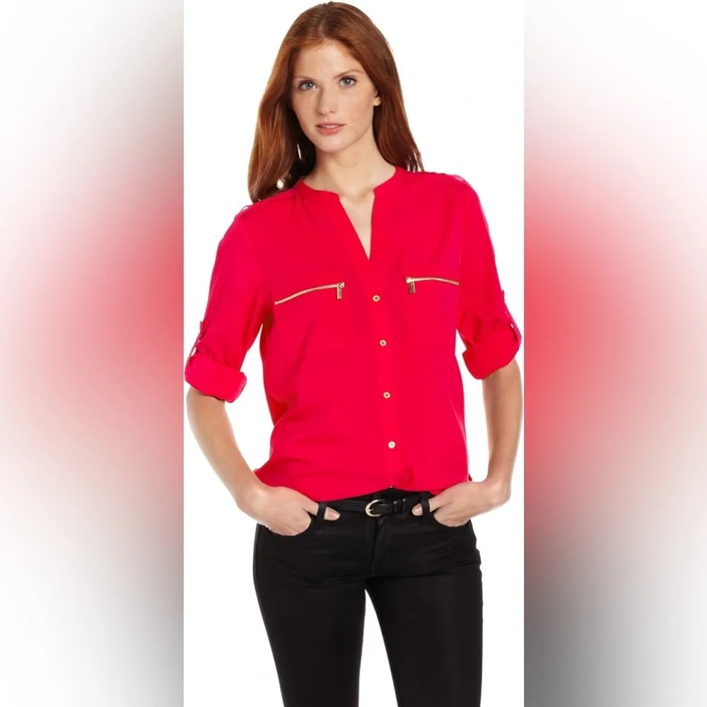 Calvin Klein Button-Up Red/Orange Blouse –‎ Size L
